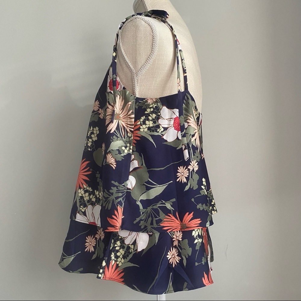 NWT BR Navy Floral Print Tie Shoulder Tiered Top, Size Small - Picture 10 of 16